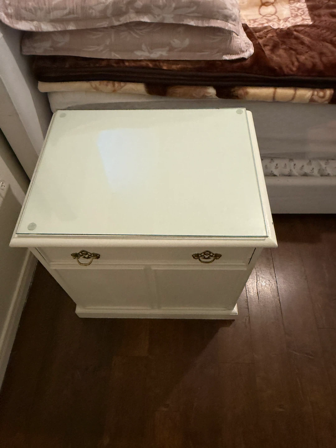 Classic White Glasstop Bedside Table with Drawer - photo 4