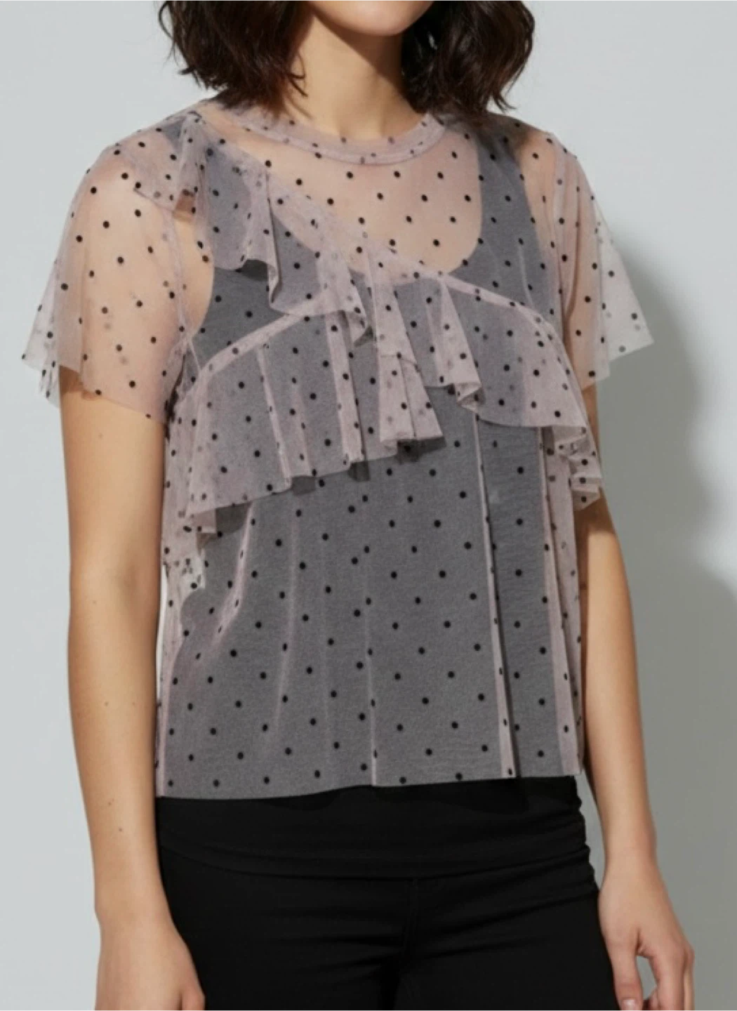 Women's Sheer Polka Dot Top with Ruffle Detail - photo 2