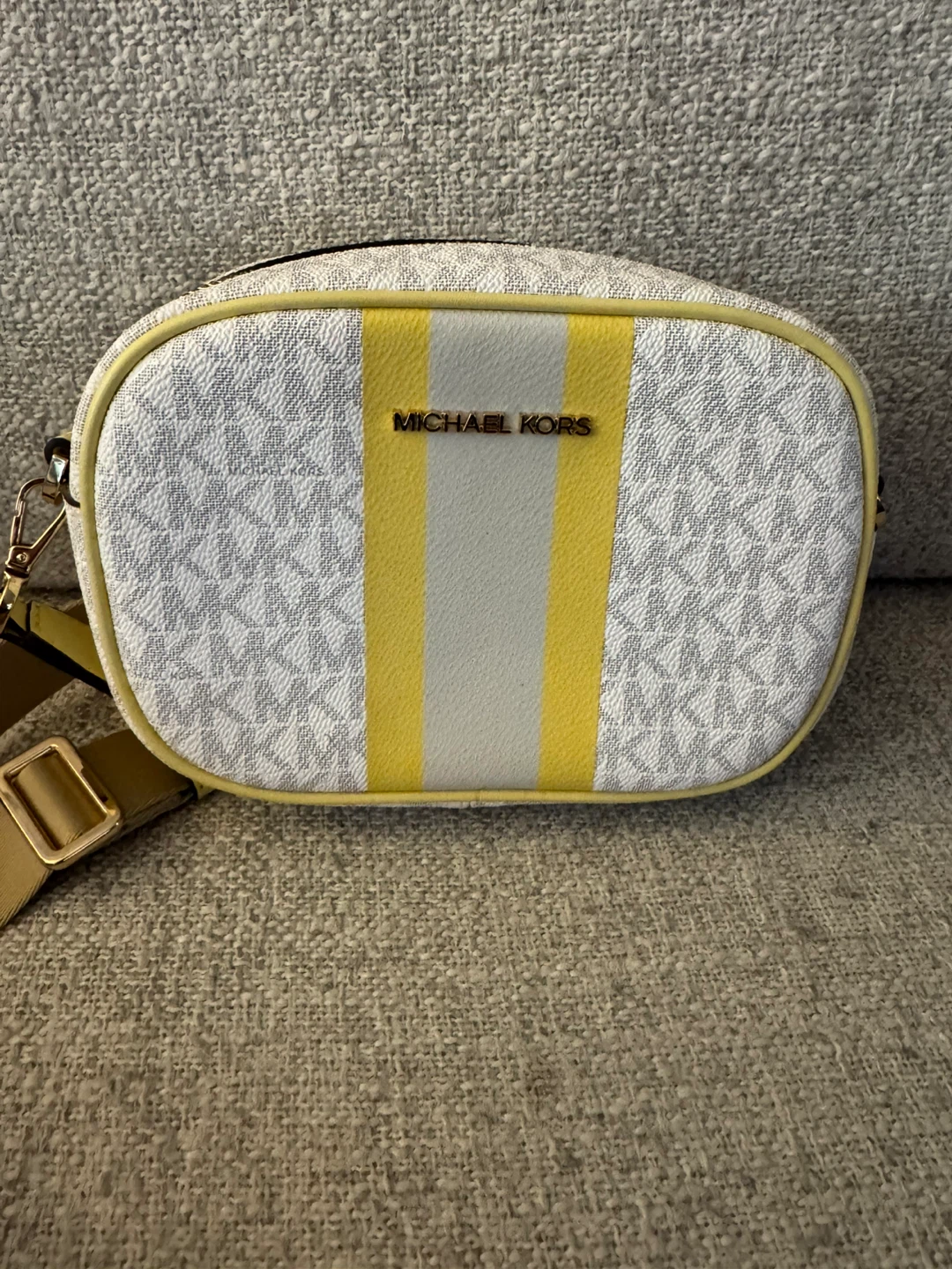 Michael Kors White & Yellow Striped Monogram Belt Bag