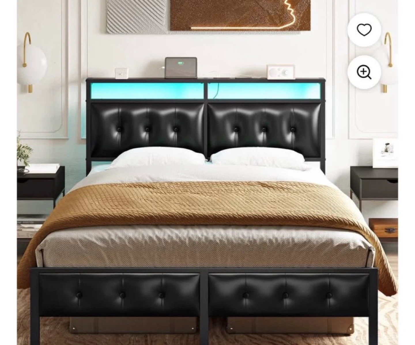 Black Faux Leather Bed Frame with LED Headboard