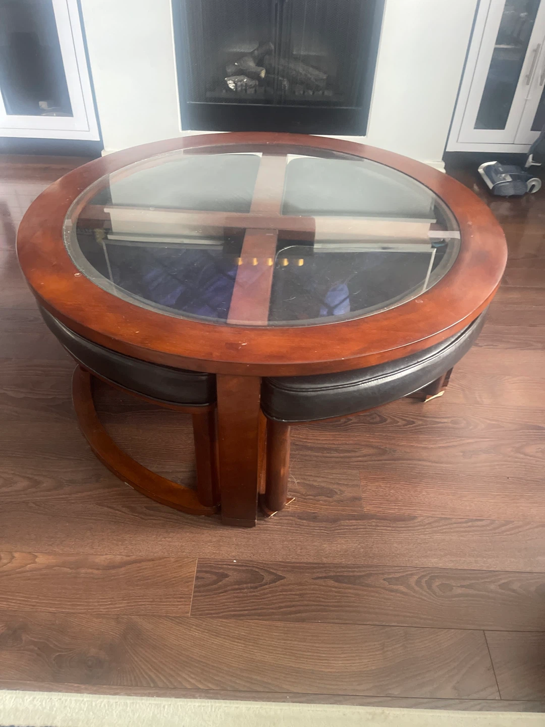 Round Glass Top Dining Table with 4 Stools