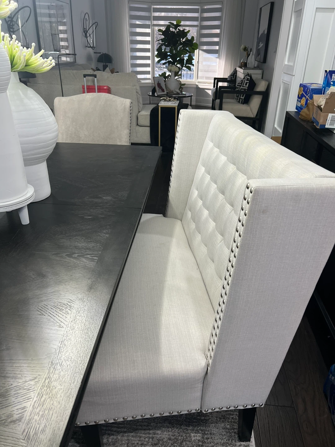Tufted Back Dining Bench with dining table and chairs and couch