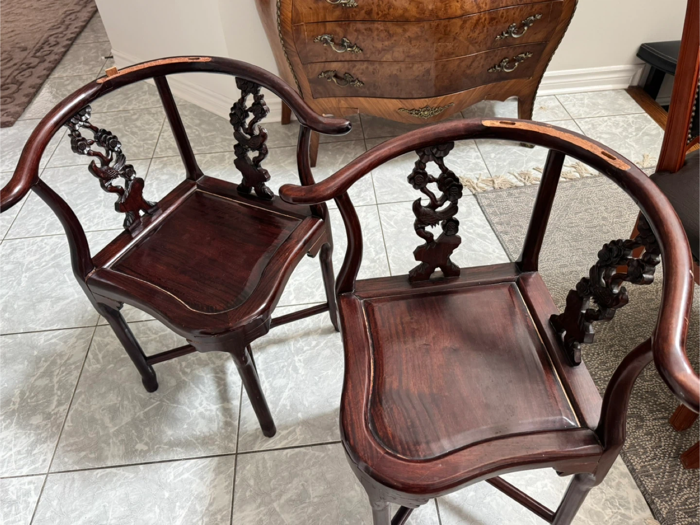 Pair of Dark Wood Corner Chairs with Carvings - photo 2