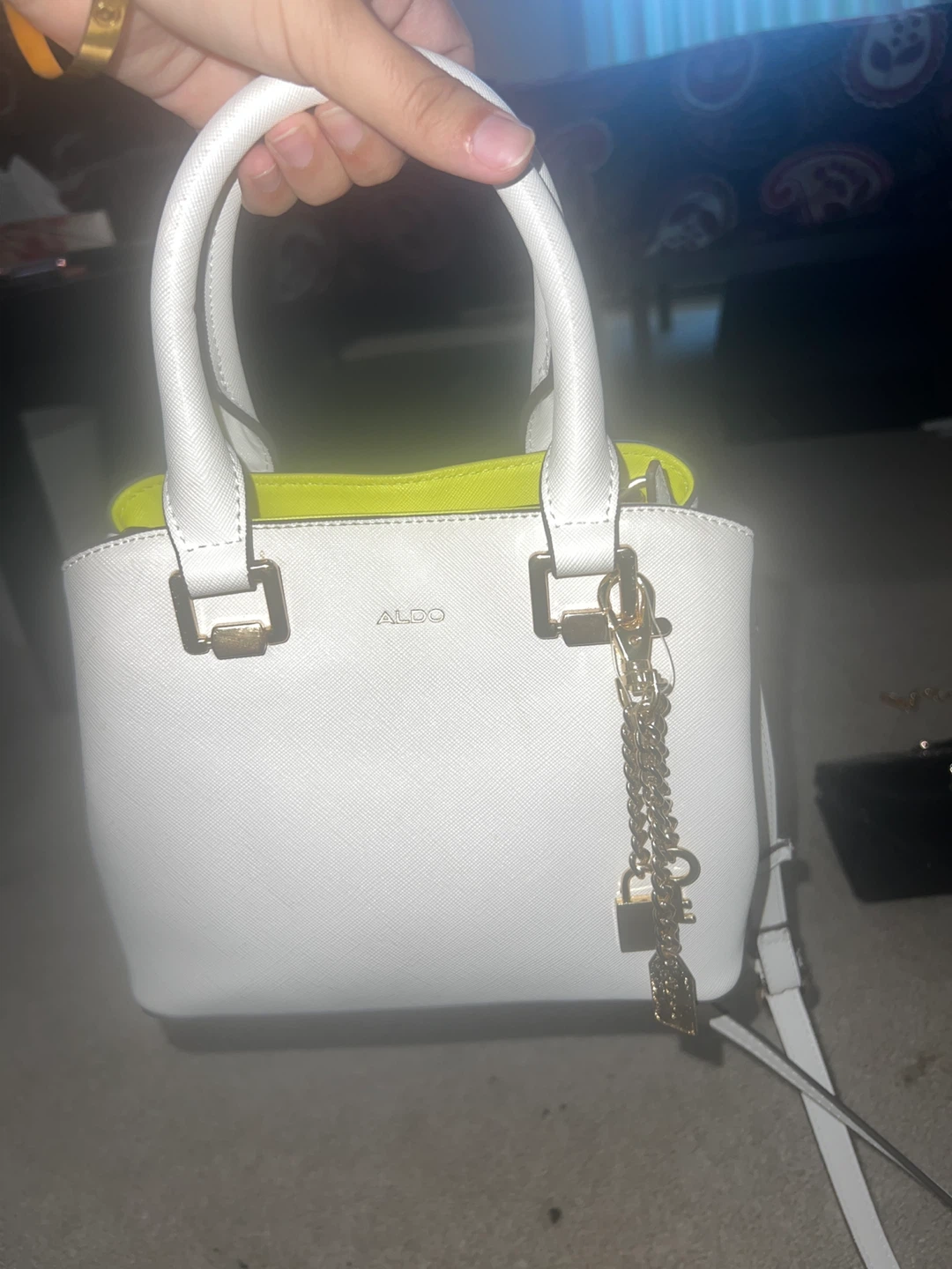 ALDO White Mini Top Handle Bag with Neon Yellow Interior