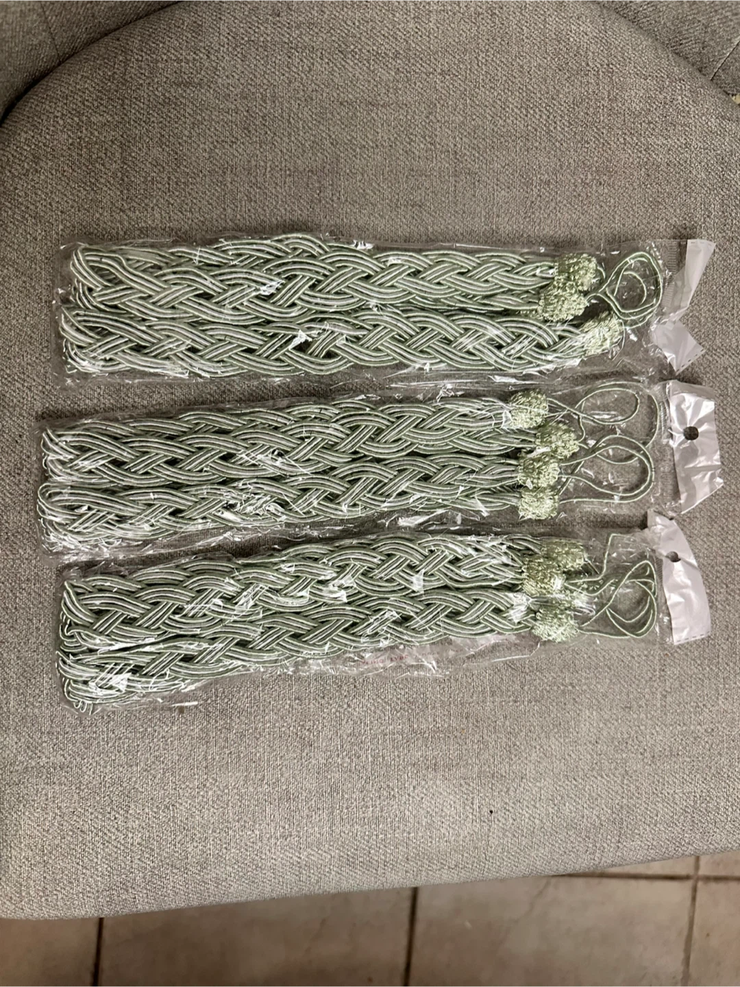 Set of 3 Green Braided Curtain Tiebacks (6 pcs)