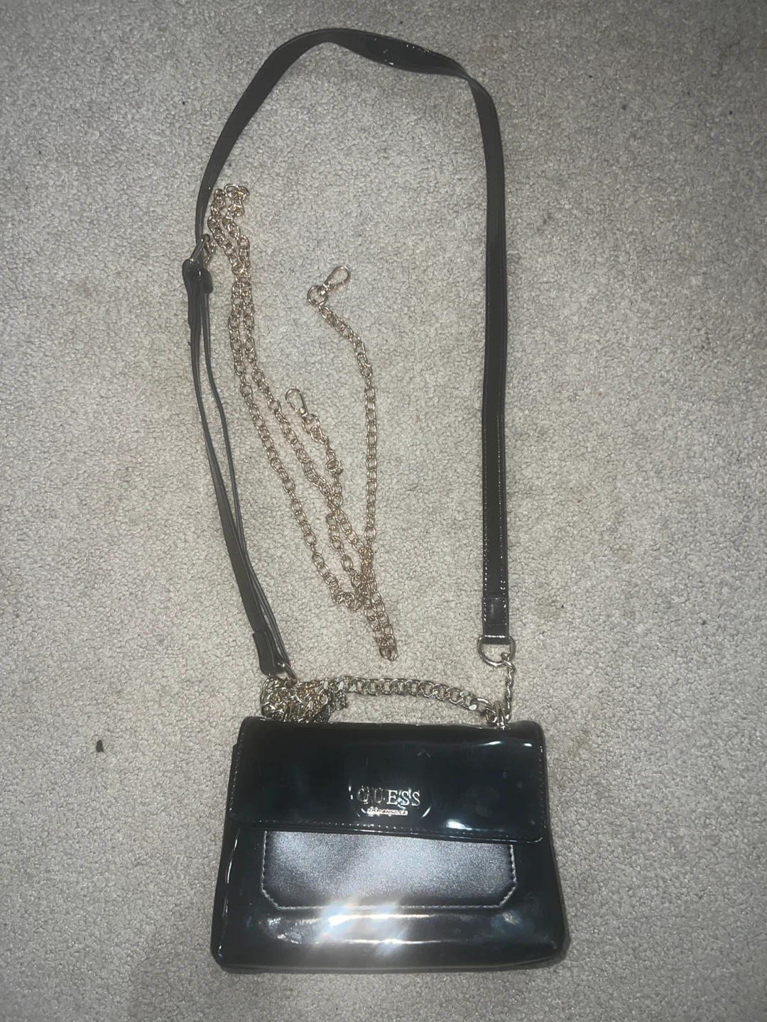 Guess Black Patent Chain Crossbody Bag