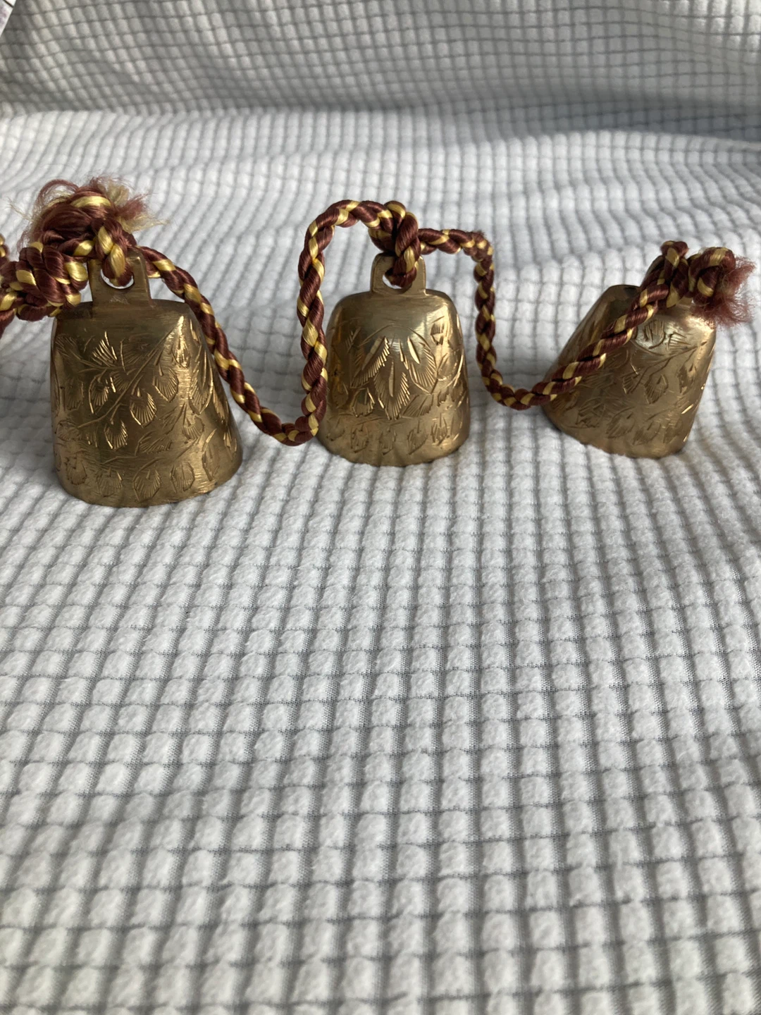 Set of 3 Brass Bells with Decorative Rope