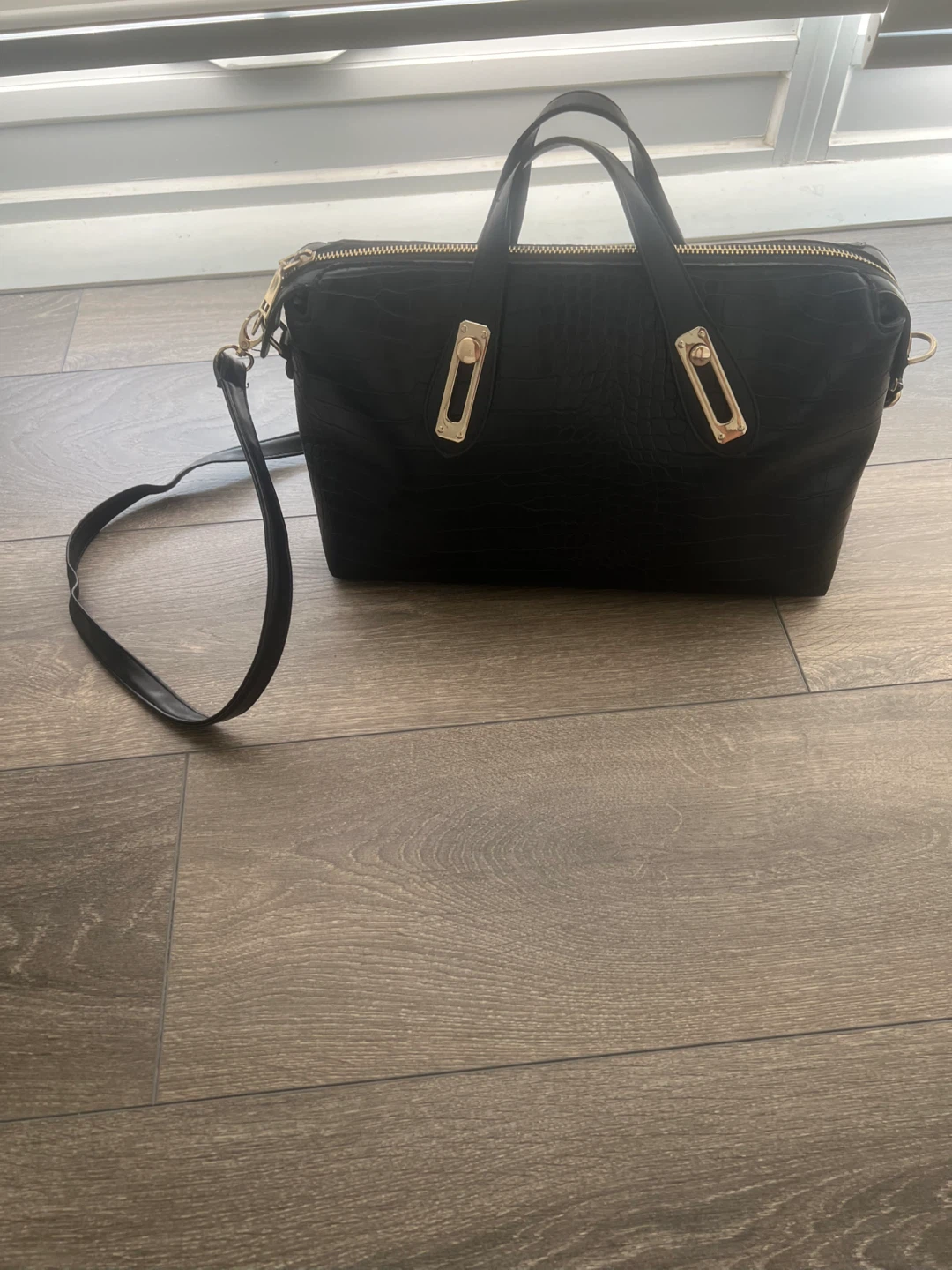 Black Faux Croc Handbag with Gold Accents