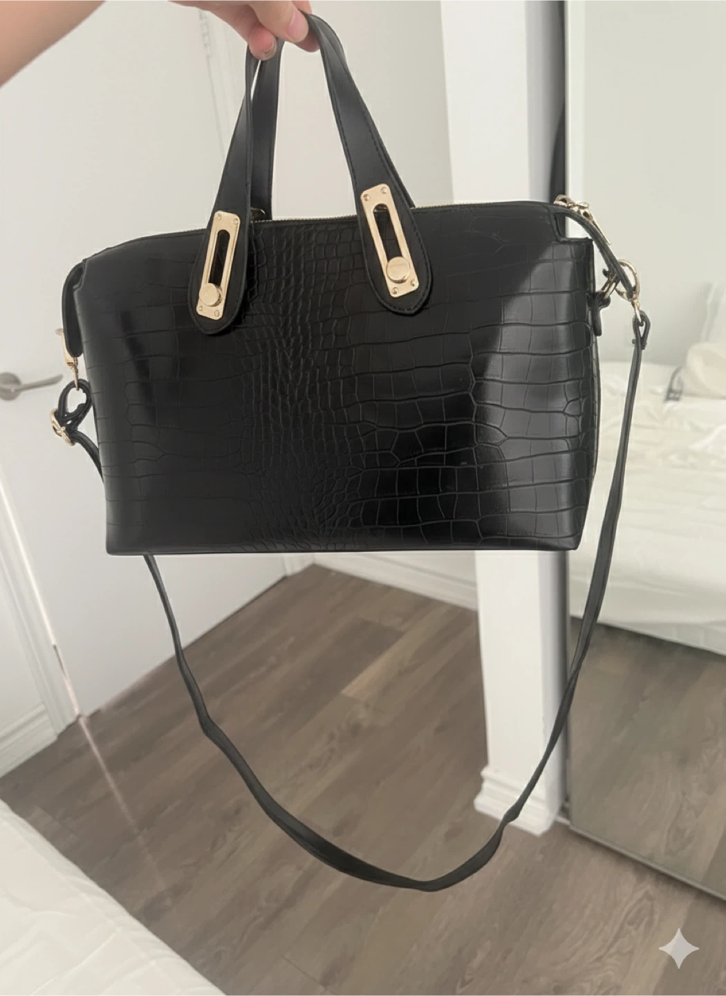 Black Faux Croc Handbag with Gold Accents - photo 2