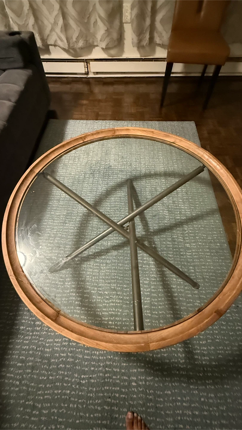 Round Glass Coffee Table with Wooden Rim
