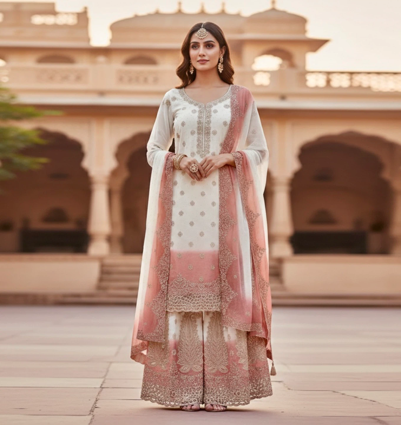 White and Pink Embroidered Salwar Kameez Set