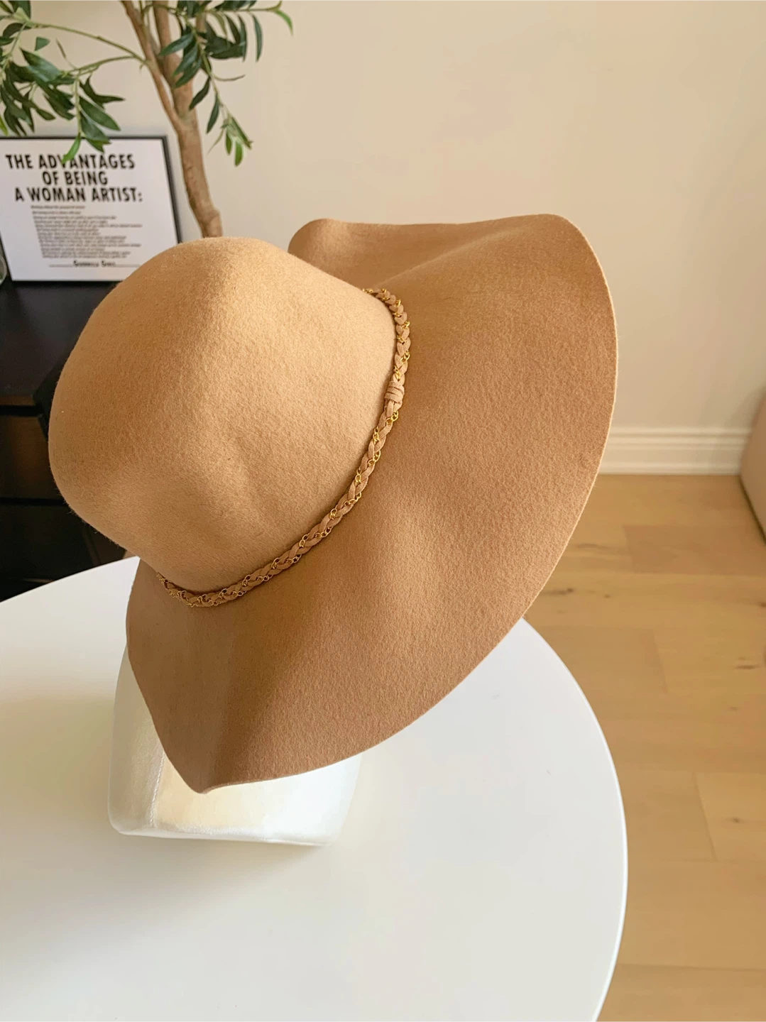 Khaki Wide Brim Felt Hat Gold Chain 58cm - photo 4