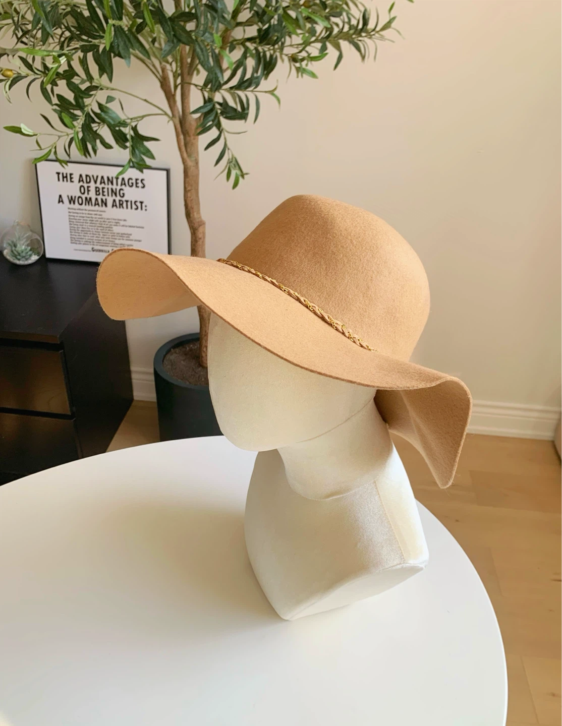 Khaki Wide Brim Felt Hat Gold Chain 58cm