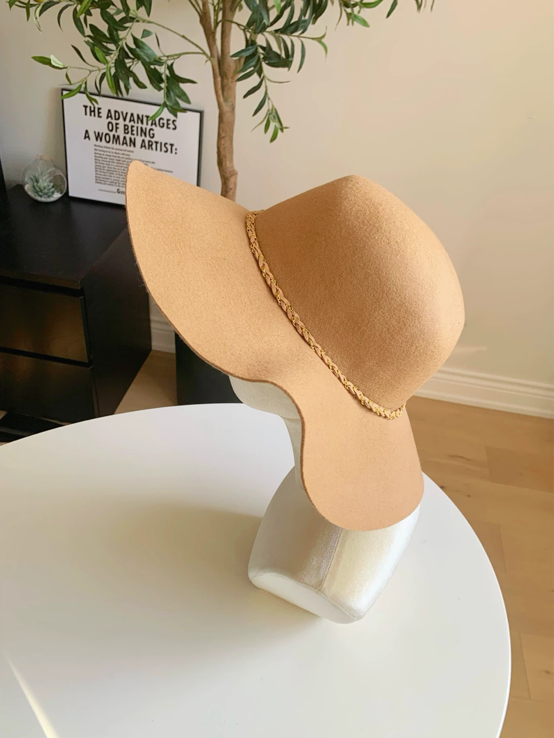 Khaki Wide Brim Felt Hat Gold Chain 58cm - photo 3