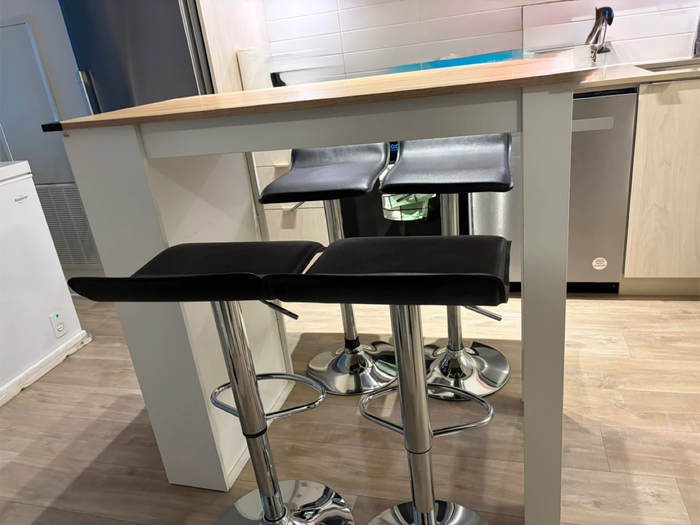Kitchen Island Table with 3 Shelves and 4 Bar Stools