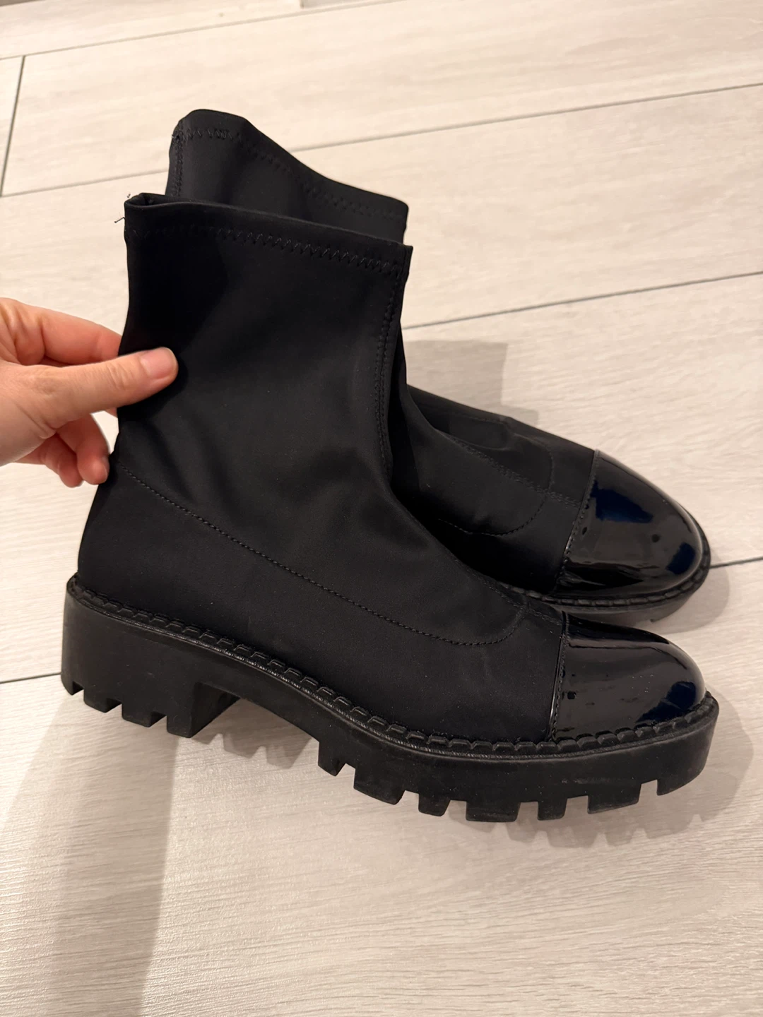 Zara Trafaluc Black Sock Boots with Patent Toe - Size 39