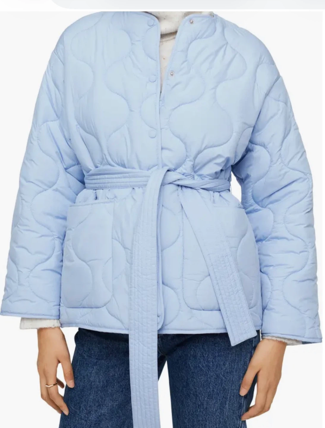 MNG Light Blue Quilted Belted Jacket - Size S