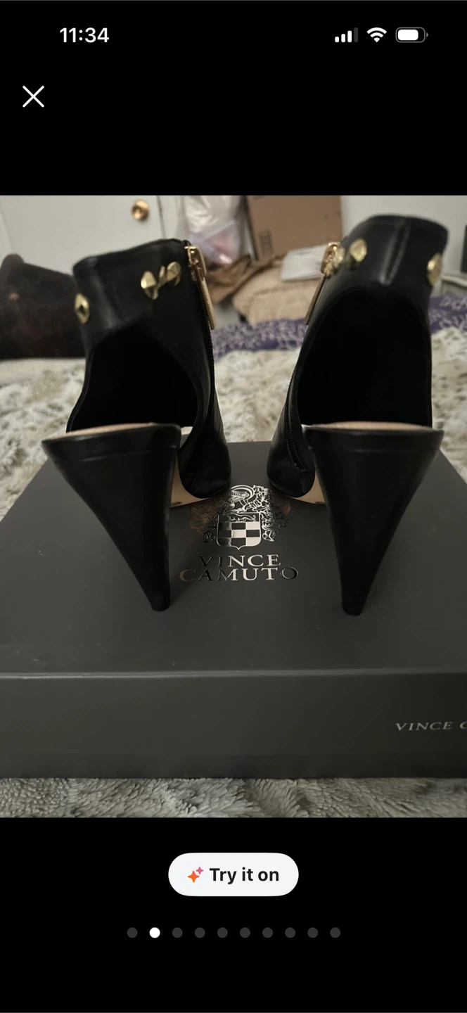 Vince Camuto Black Leather Studded Peep-Toe Heels - photo 2