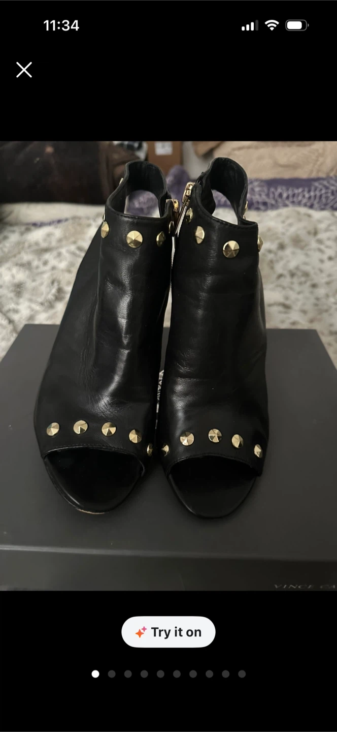 Vince Camuto Black Leather Studded Peep-Toe Heels
