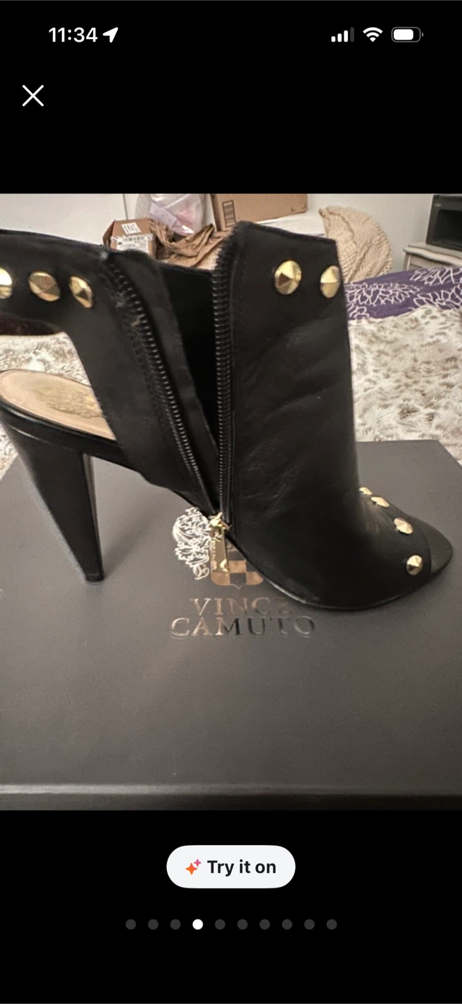 Vince Camuto Black Leather Studded Peep-Toe Heels - photo 4