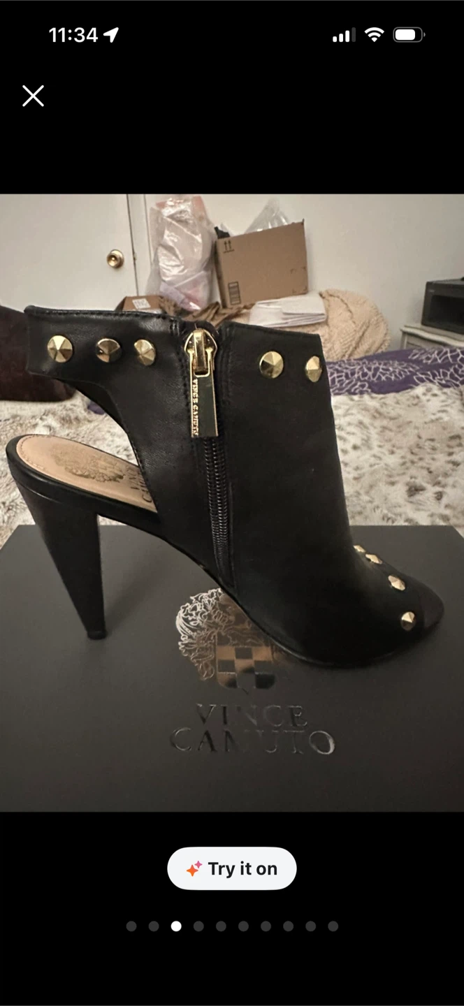 Vince Camuto Black Leather Studded Peep-Toe Heels - photo 3
