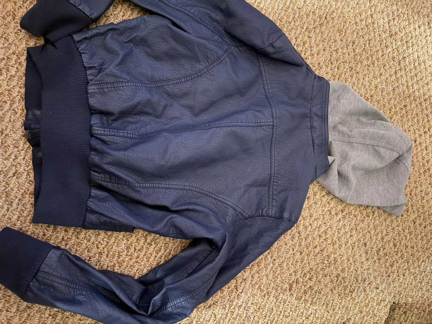 River Island Navy Blue Faux Leather Hooded Bomber Jacket - L/G