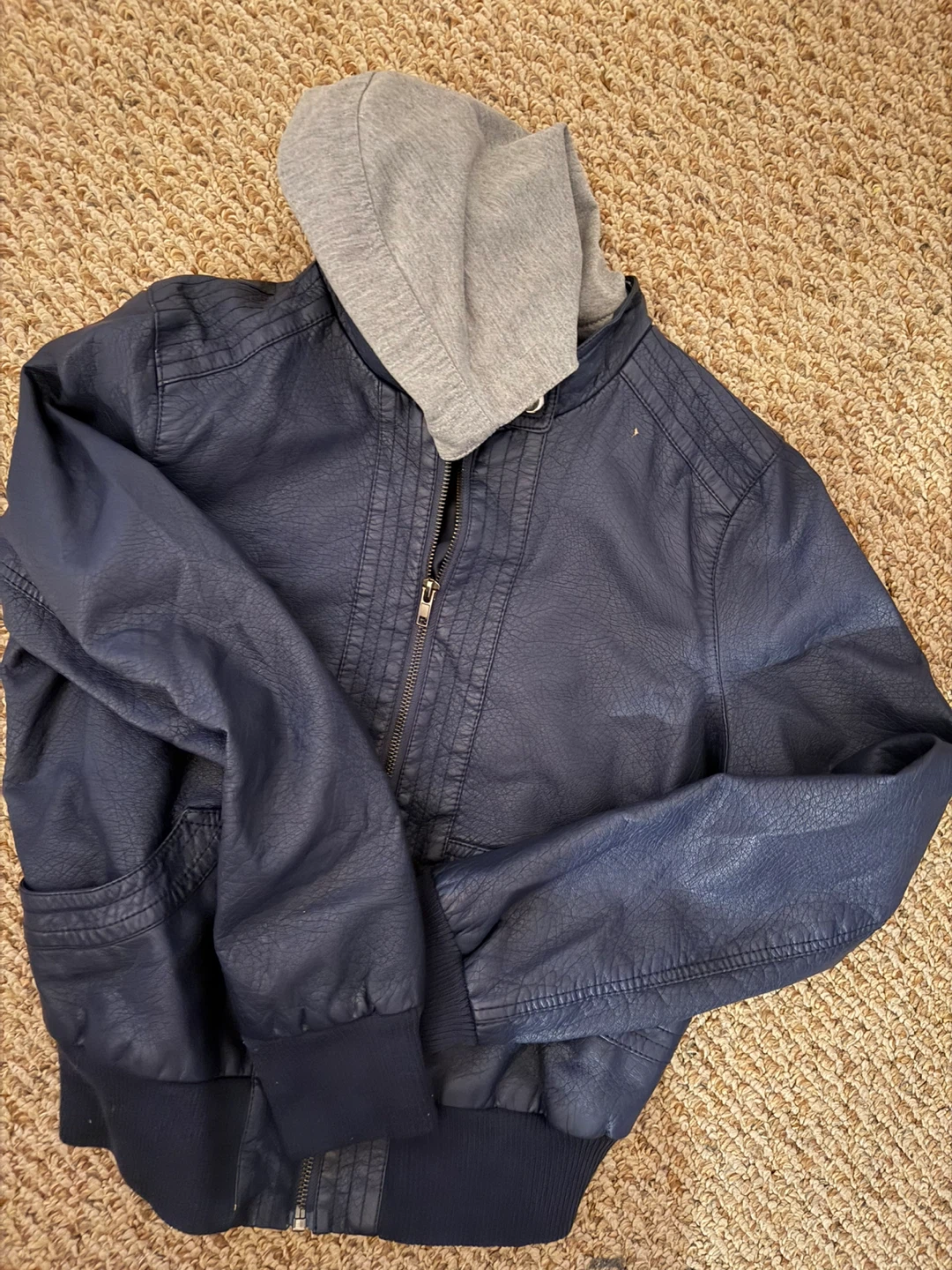 River Island Navy Blue Faux Leather Hooded Bomber Jacket - L/G - photo 4