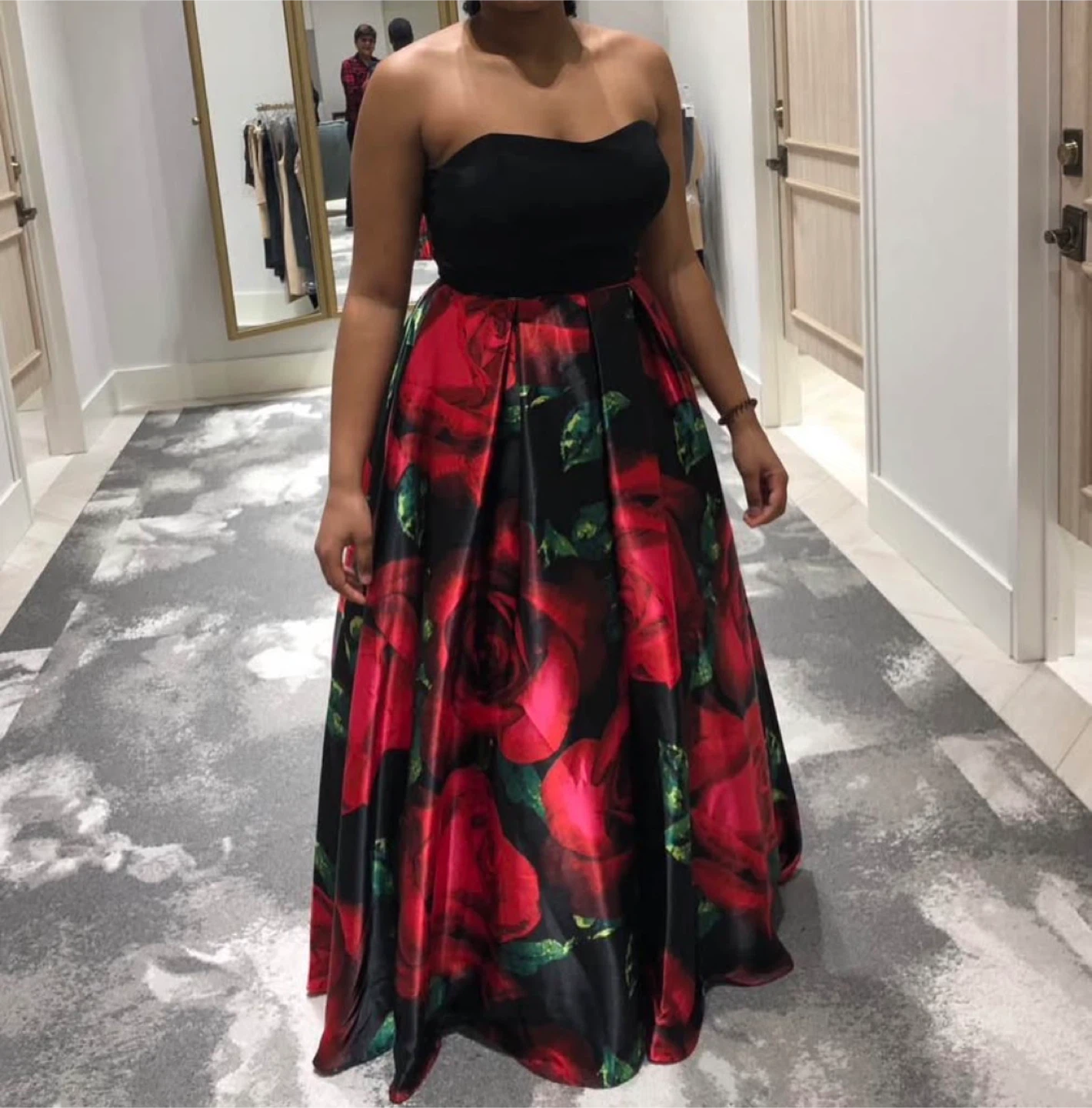 Strapless Black with Rose Print Ball Gown