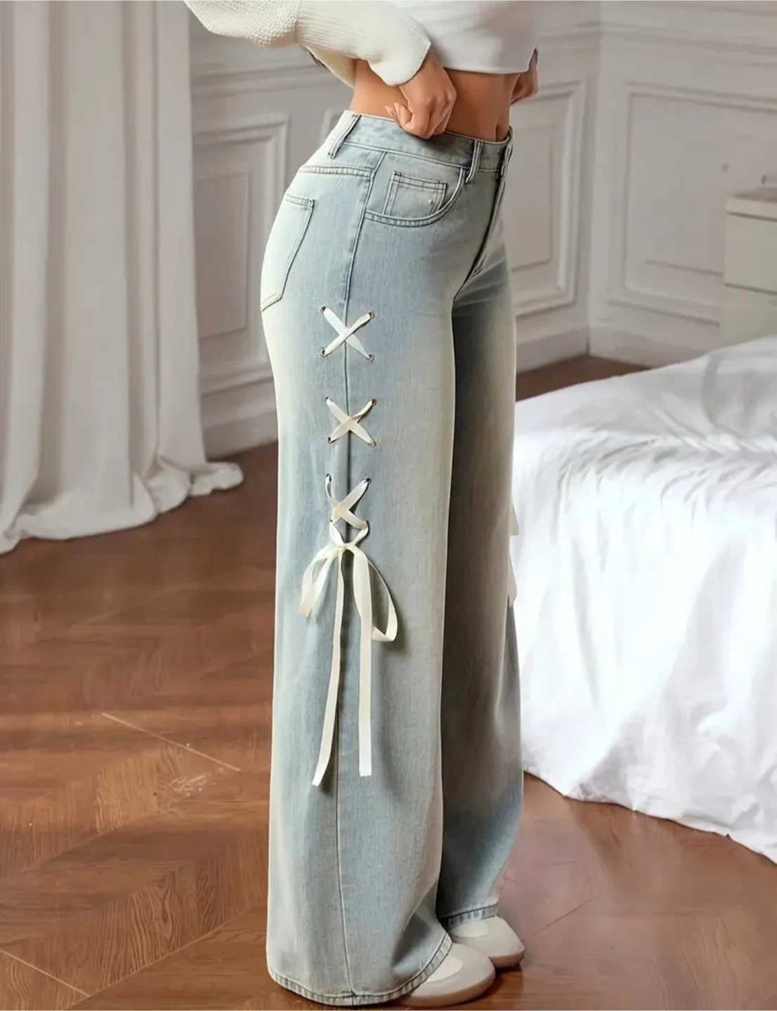 New Women's Wide Leg Jeans with Lace-Up Detail - photo 3