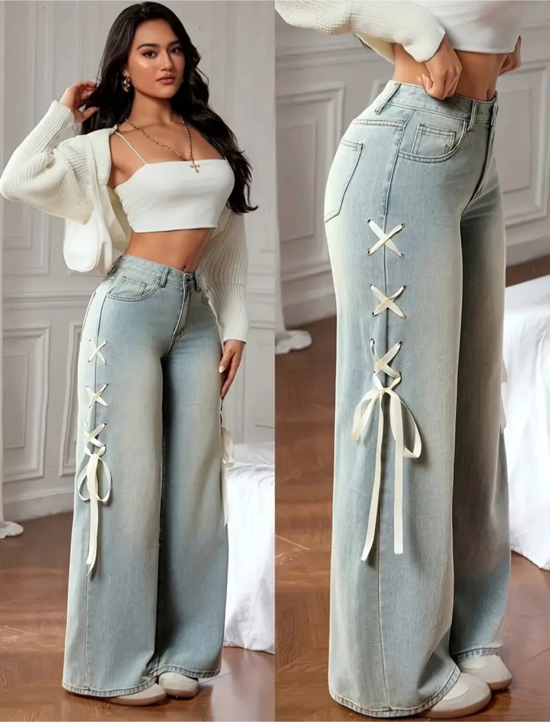 New Women's Wide Leg Jeans with Lace-Up Detail