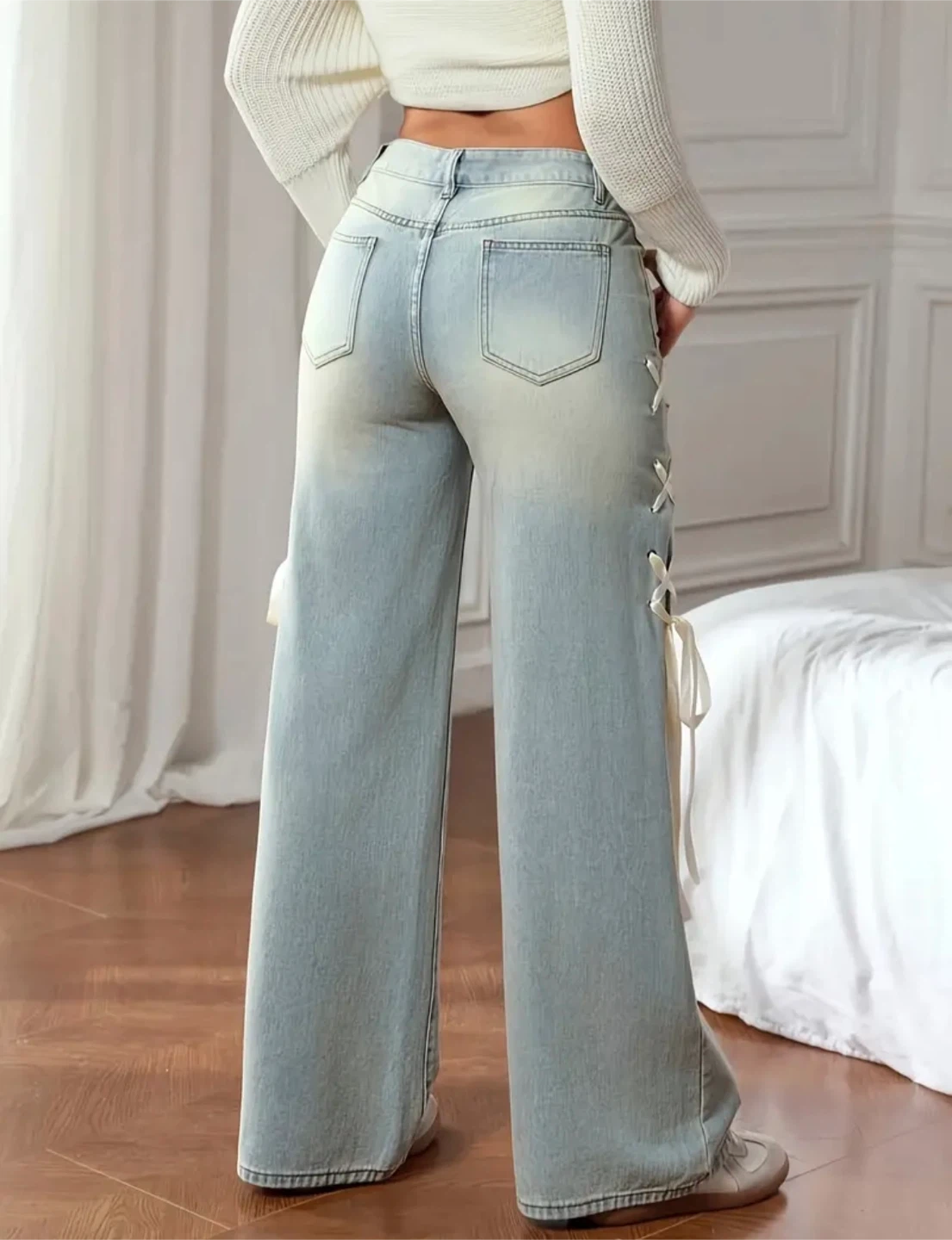 New Women's Wide Leg Jeans with Lace-Up Detail - photo 2
