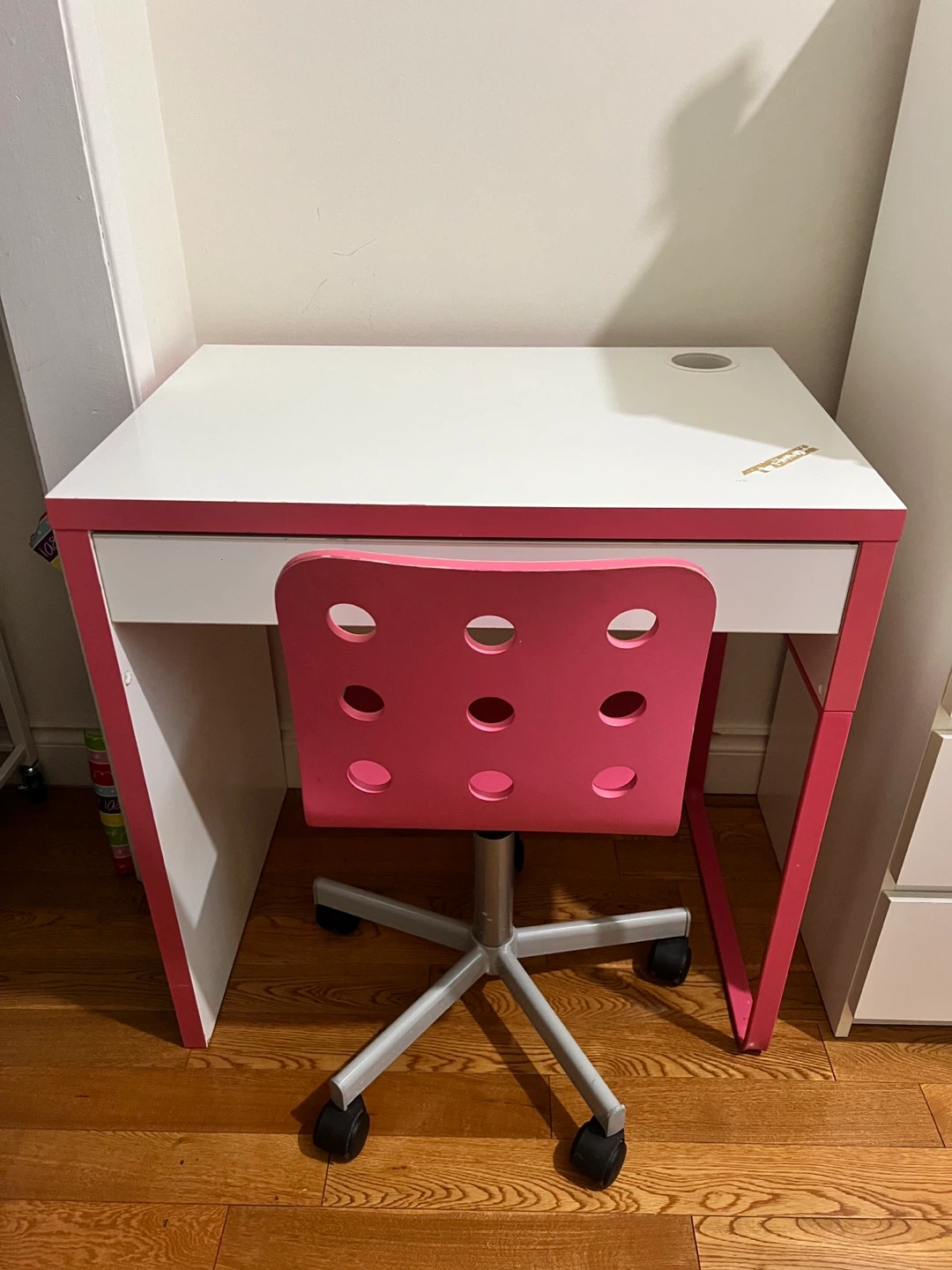 Ikea MICKE Pink & White Desk with Matching Chair