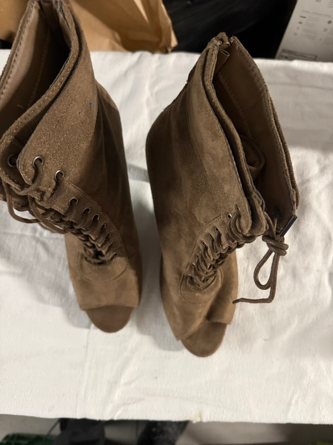 Brown Suede Lace-Up Peep-Toe Heeled Boots - photo 2