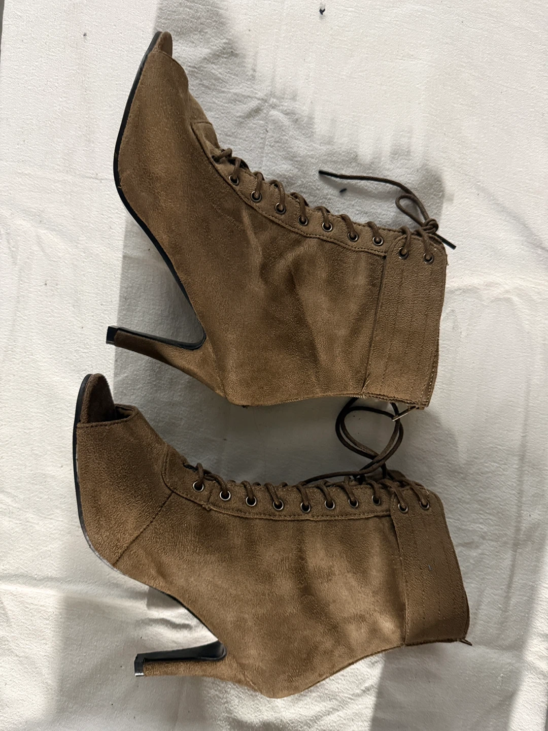 Brown Suede Lace-Up Peep-Toe Heeled Boots - photo 4
