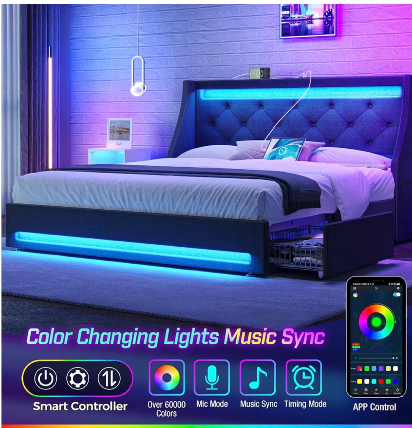 Twin Bed Frame with LED Lights