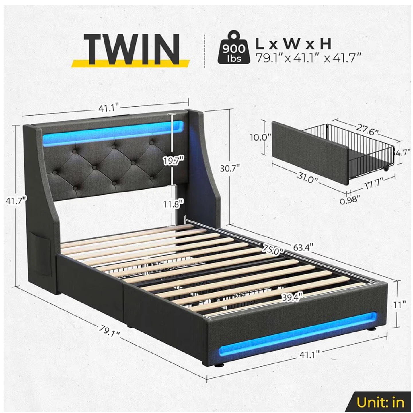 Twin Bed Frame with LED Lights - photo 2