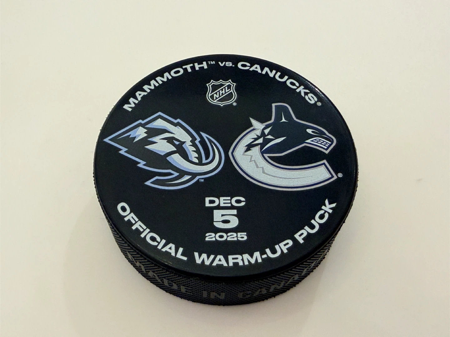 First Logo Mammoth Vs Canucks Official Warm-Up Puck Dec 5 2025