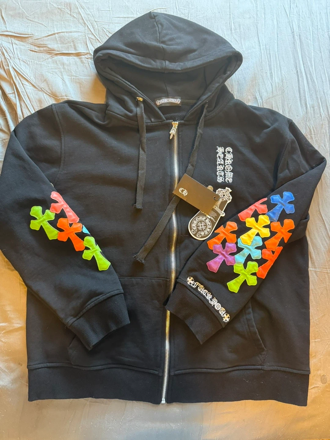 Chrome Hearts Black Zip-Up Hoodie with Multicolor Crosses