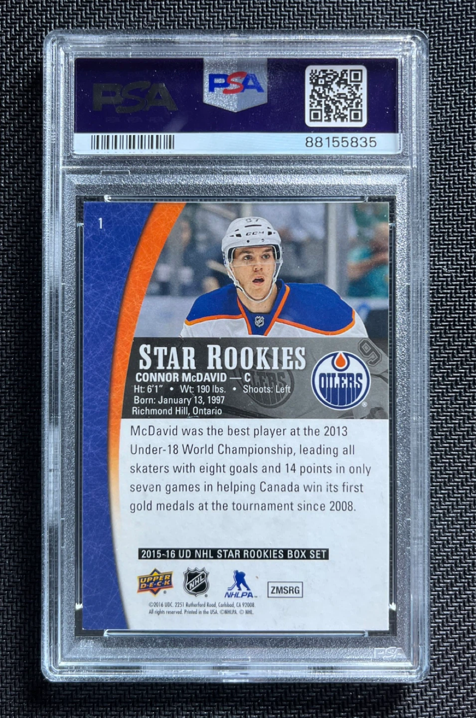 2015-16 UD NHL Star Rookies # 1 Connor McDavid PSA 9 - photo 2