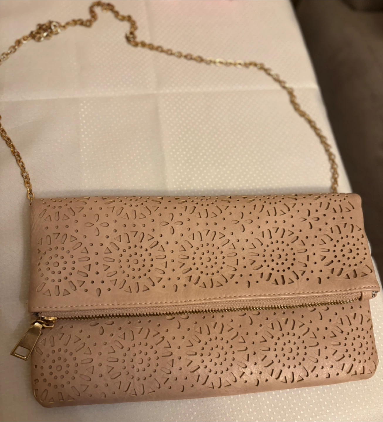 Blush Pink Faux Leather Foldover Clutch with Chain Strap