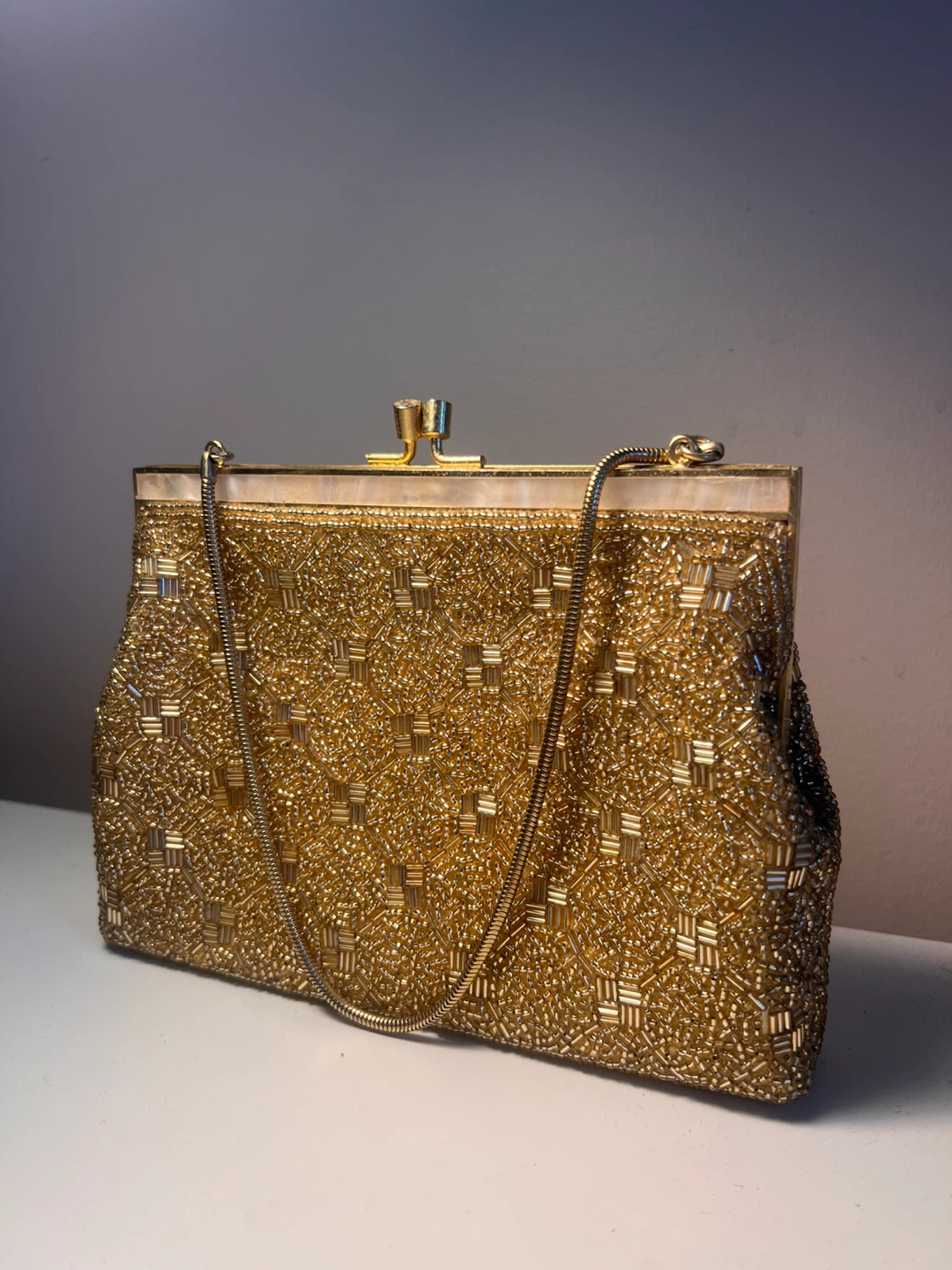 Gold Beaded Clutch Purse with Chain Strap