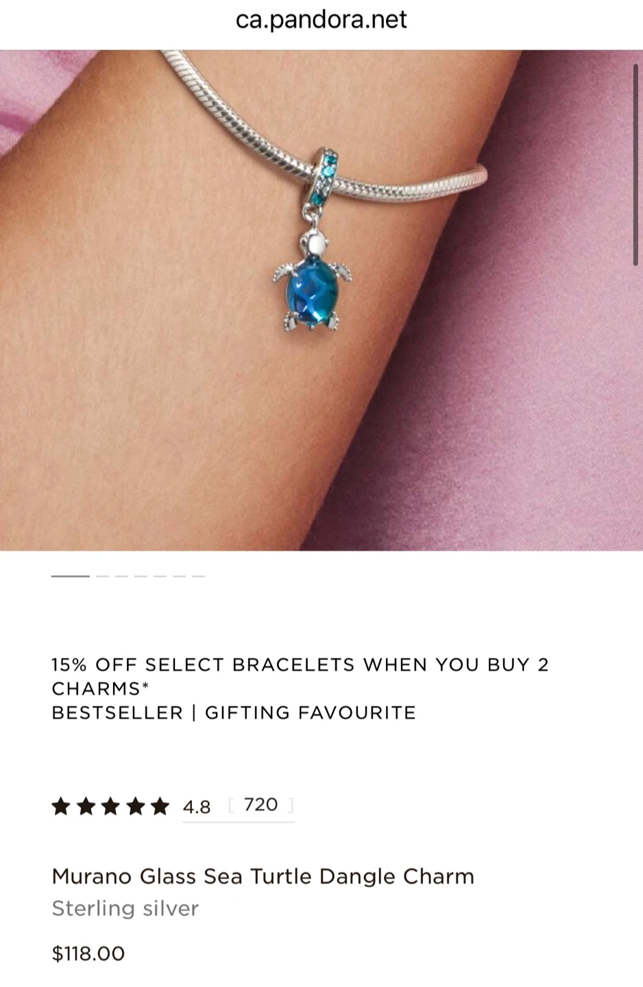 Pandora Murano Glass Sea Turtle Dangle Charm Sterling Silver