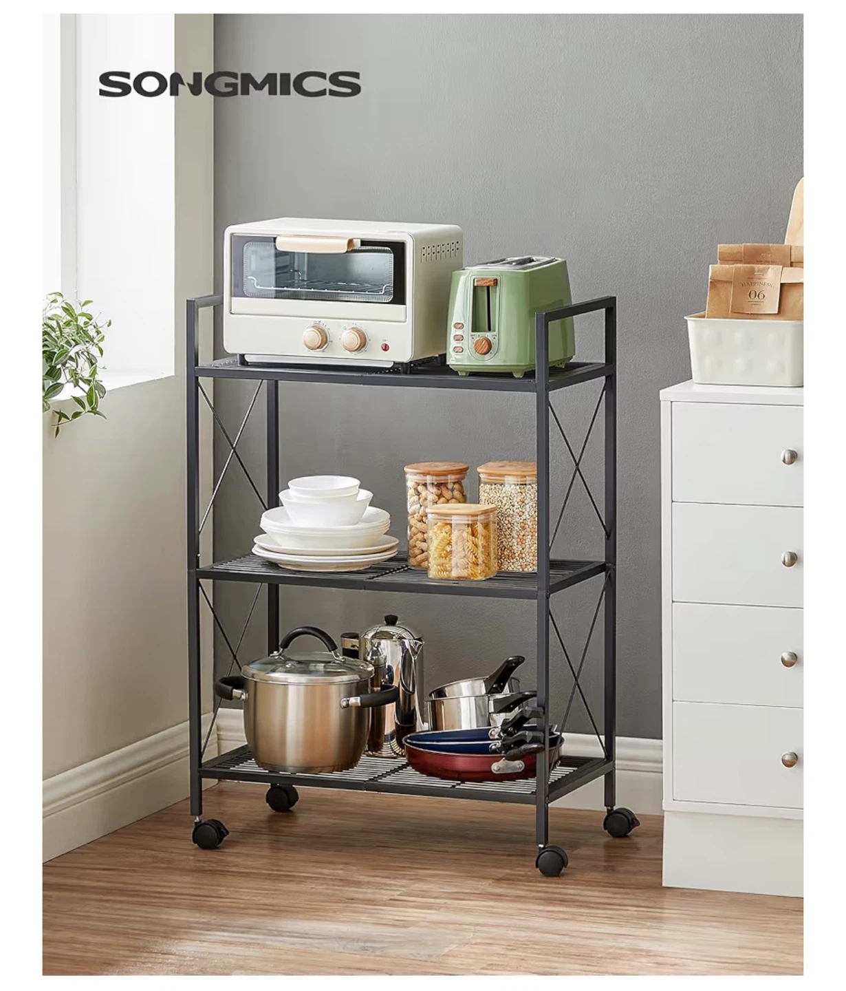 SONGMICS 3-Tier Metal Storage Rack with Wheels 23.6”W - photo 3