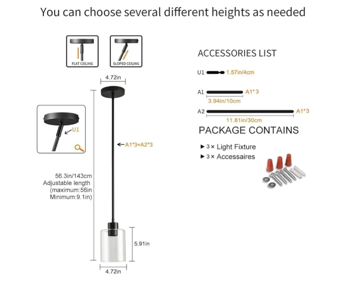 Set of 3 Black Pendant Lights with Clear Glass Shade - photo 4