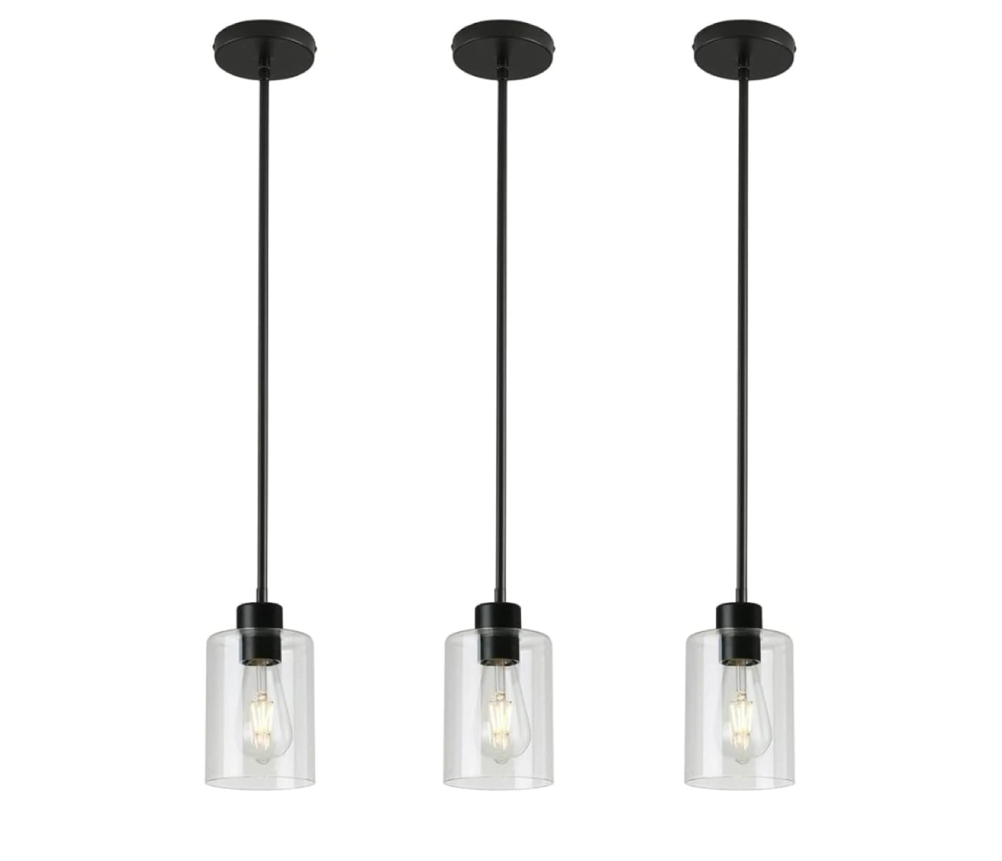 Set of 3 Black Pendant Lights with Clear Glass Shade