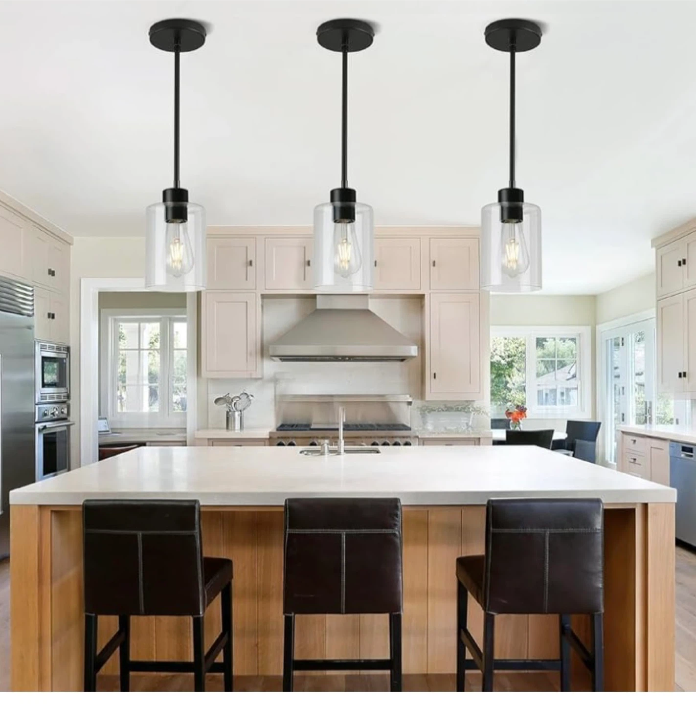 Set of 3 Black Pendant Lights with Clear Glass Shade - photo 2