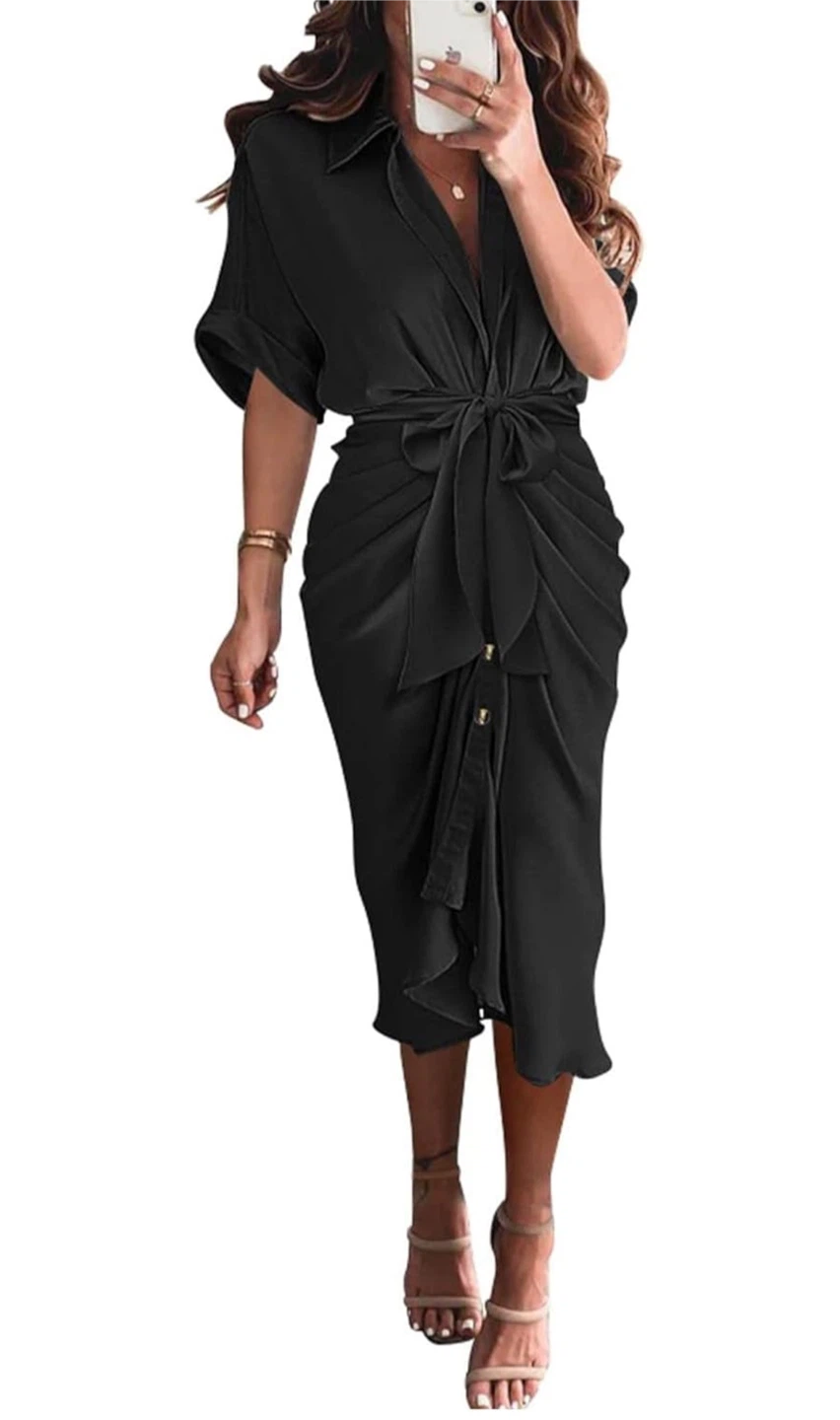 NEW! BTFBM Black Satin Short-Sleeve Tie-Waist Midi Dress