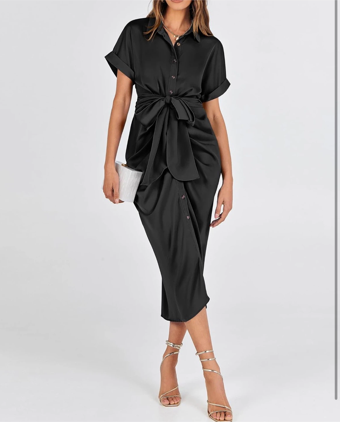 NEW! BTFBM Black Satin Short-Sleeve Tie-Waist Midi Dress - photo 4