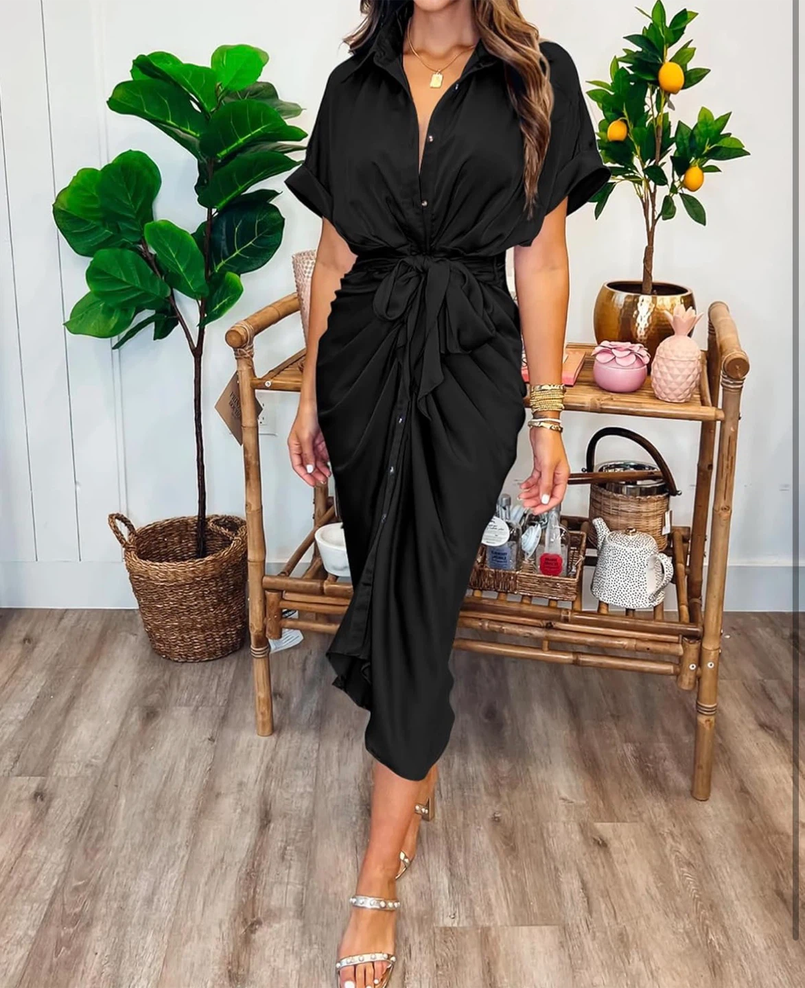 NEW! BTFBM Black Satin Short-Sleeve Tie-Waist Midi Dress - photo 2