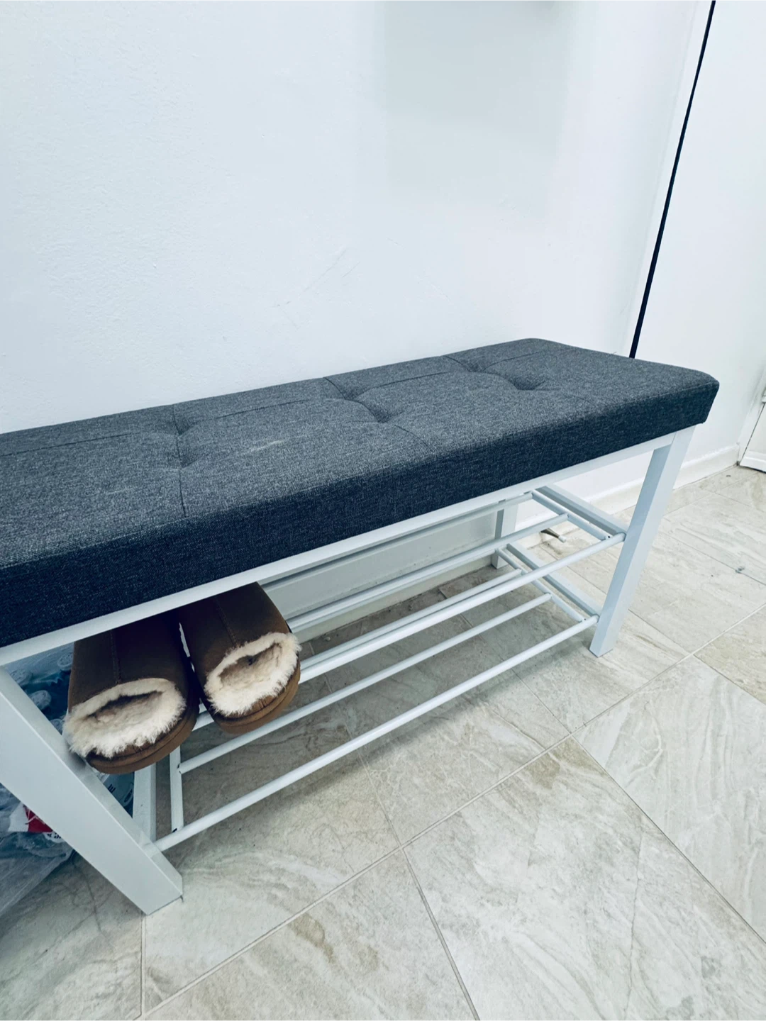 Grey Tufted Entryway Bench with Shoe Rack